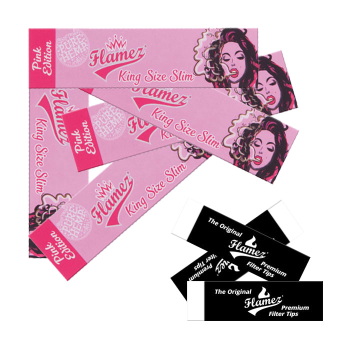 Flamez Pink Edition Kingsize Slim Vloei (5x) + Flamez Papieren Filter Tips Boekje (3x)