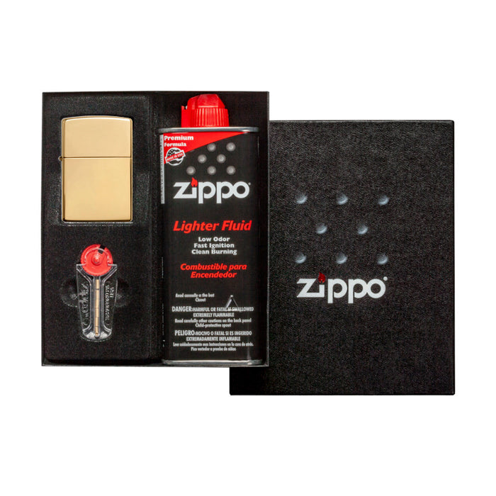 Zippo Brass High Polished Aansteker, Benzine en Vuursteentjes Gift Set
