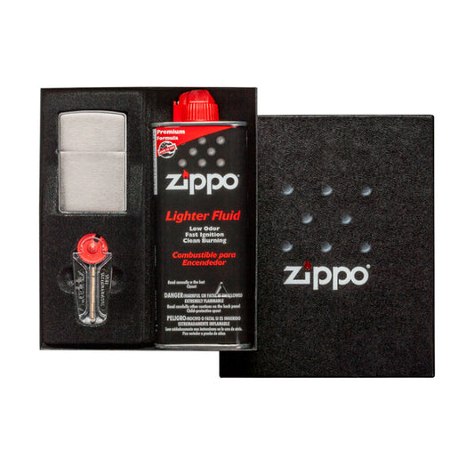 Zippo Chrome Brushed Aansteker, Benzine en Vuursteentjes Gift Set